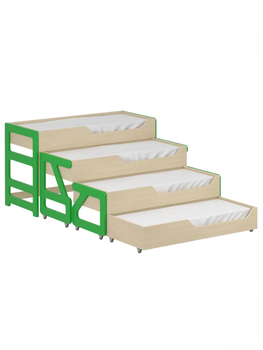 Кровать детская выкатная четырёхярусная 1400 / зеленая